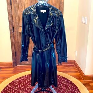 Calvin Klein black patent coat.  For rain and in cooler weather. Lots of detail!